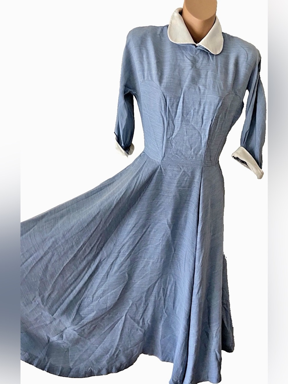 Vintage 1950s Light Blue Circle Skirt Dress White Cuffs & Collar XS Juniors